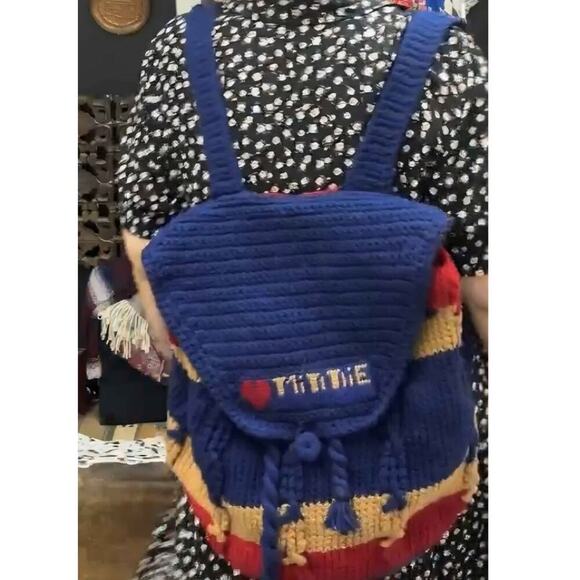 Handmade Crochet I Love Minnie Backpack Navy Red Tan Striped Disney Inspired - Picture 8 of 9